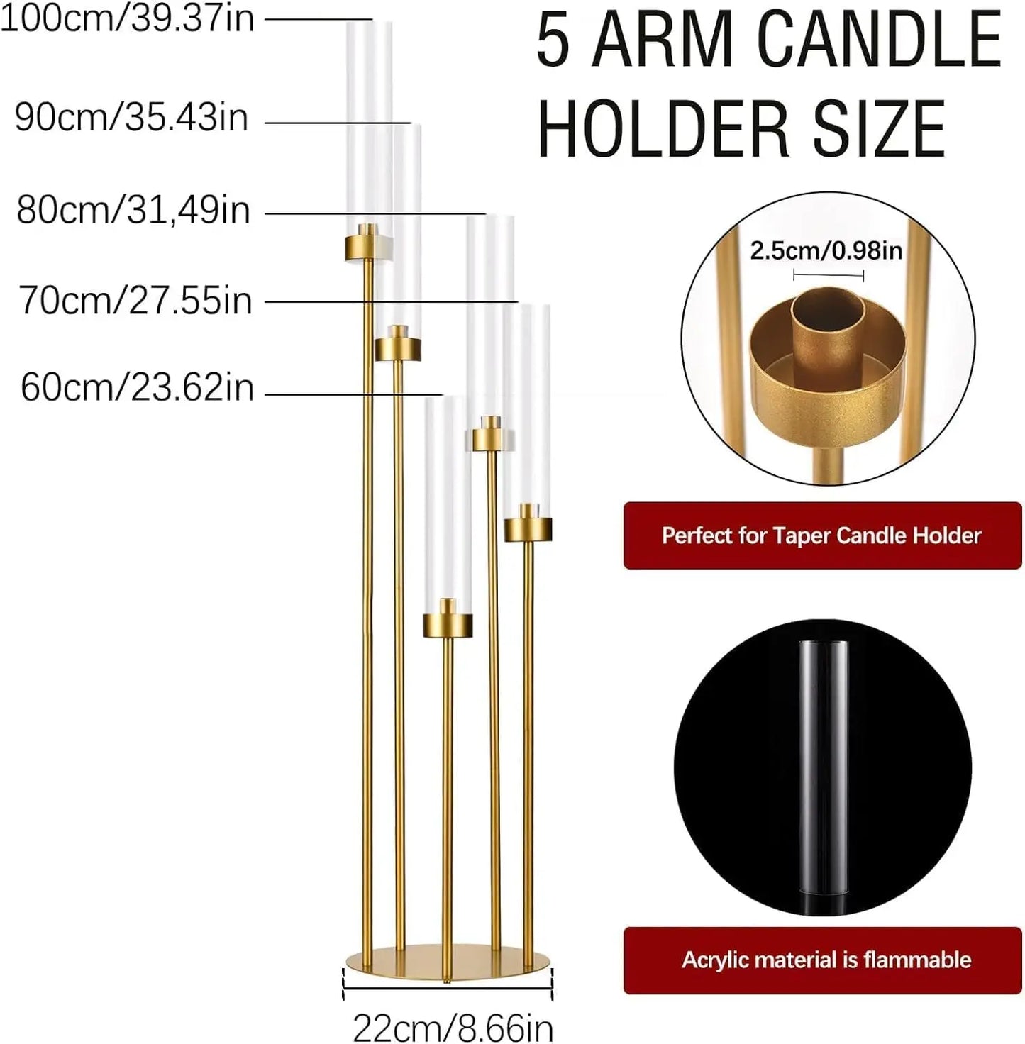 20PCS Gold Floor Candelabra 5 Arm Candle Holder Tall Candle Holder with Acrylic Lampshade for Wedding Birthday Party Decoration