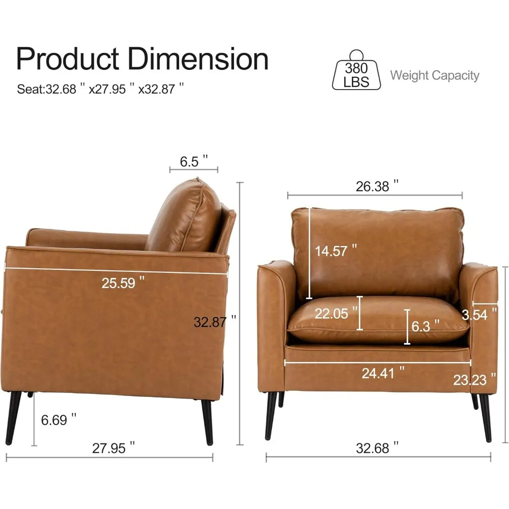 Modern Leather Chair Set of 2, Oversized Armchair for Living Room, Mid-Century Accent Reading Chair for Bedroom Comfy