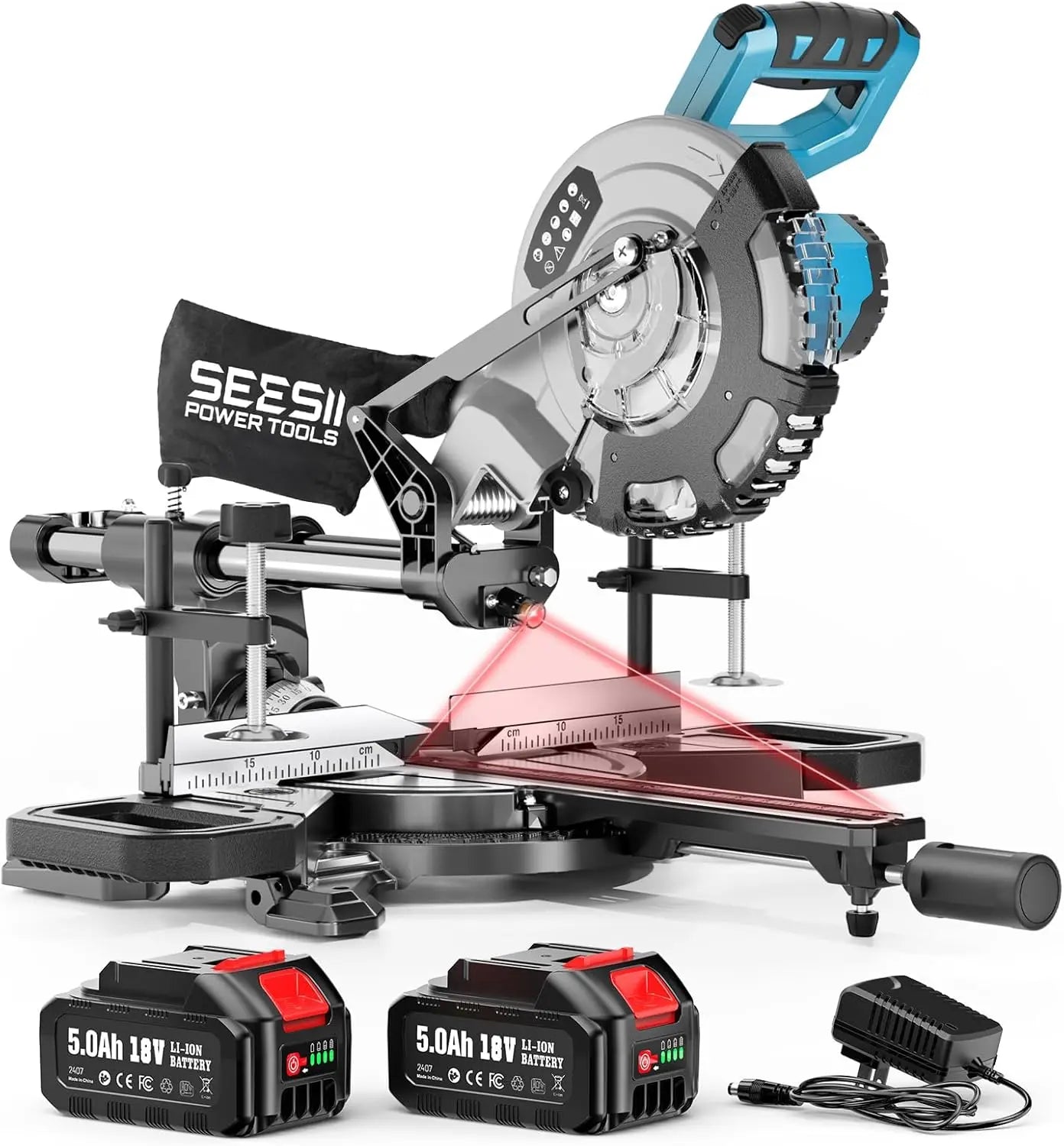 Seesii Sliding Compound Miter Saw 8'' Cordless Power Miter Saw with Laser Guide Single Bevel 45° Wood Cutting Sliding Saw