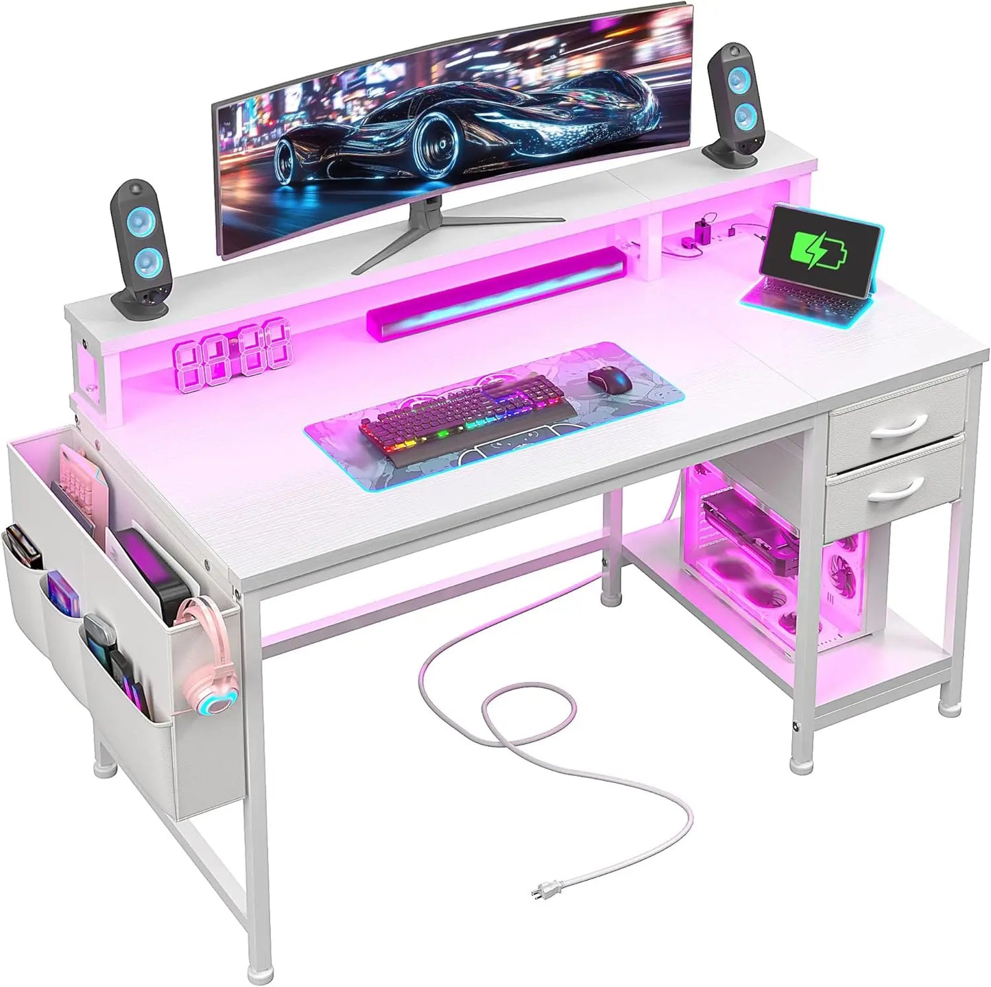 Computer Desk with Drawers & Storage Bag, Office Desks with Power Outlets & Monitor Stand, Home Office Desks for Bedroom