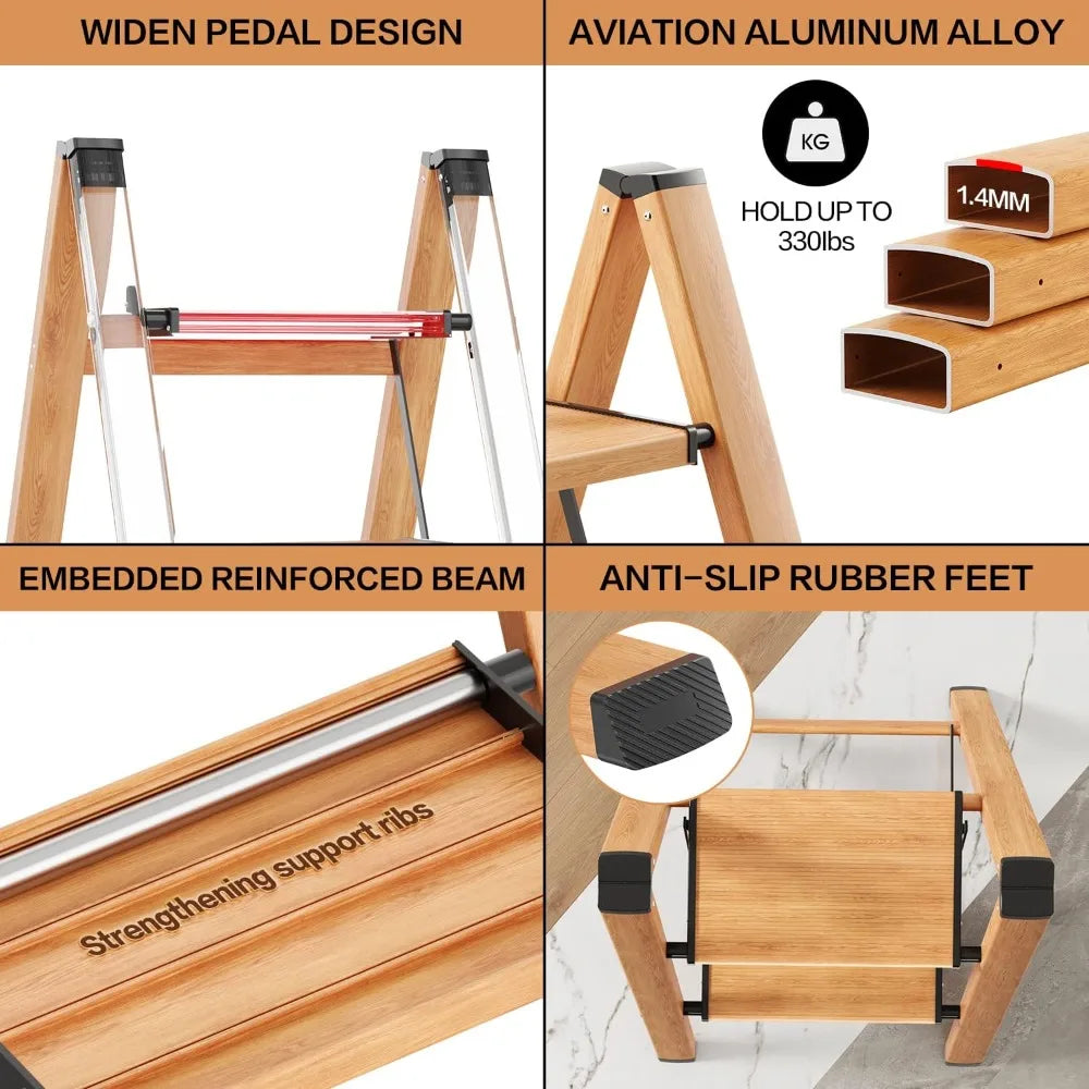 GameGem 2 Step Ladder, Aluminum Folding Step Stool with Anti-Slip Sturdy and Wide Pedal, Lightweight Portable Multi-Use Stepladd