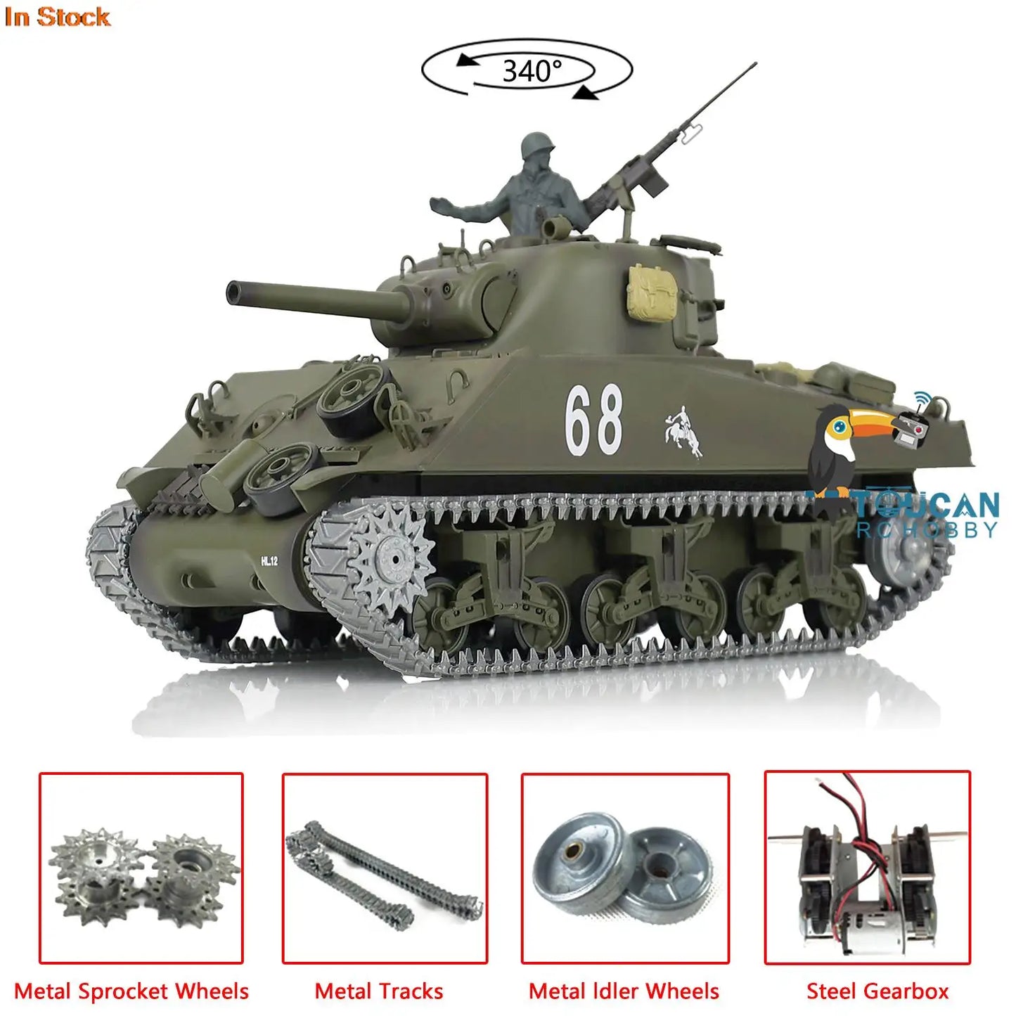 US Stock 1/16 HENG LONG RC Tank 3898 7.0 Upgraded M4A3 Sherman RTR 2.4G Metal Tracks Remote Control Panzer Toy Model Gifts