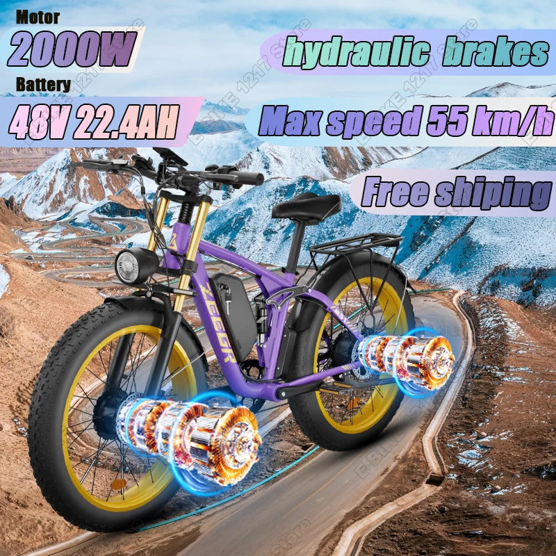 Zeegr S1 Electric bike 2000W Dual Motor 48V 22.4AH battery Full Suspension E bike26inch fat tire Beach Mountain Electric bicycle