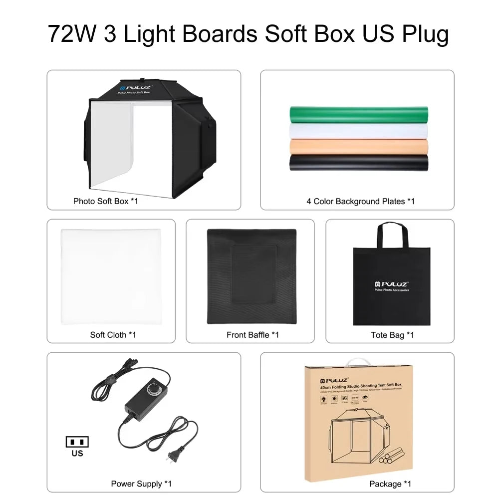 Puluz 40cm Professional Photo Soft Box 72W 5500K Photo Studio Light Box Kit with 4 Color Backdrop Folding Photography Lightbox