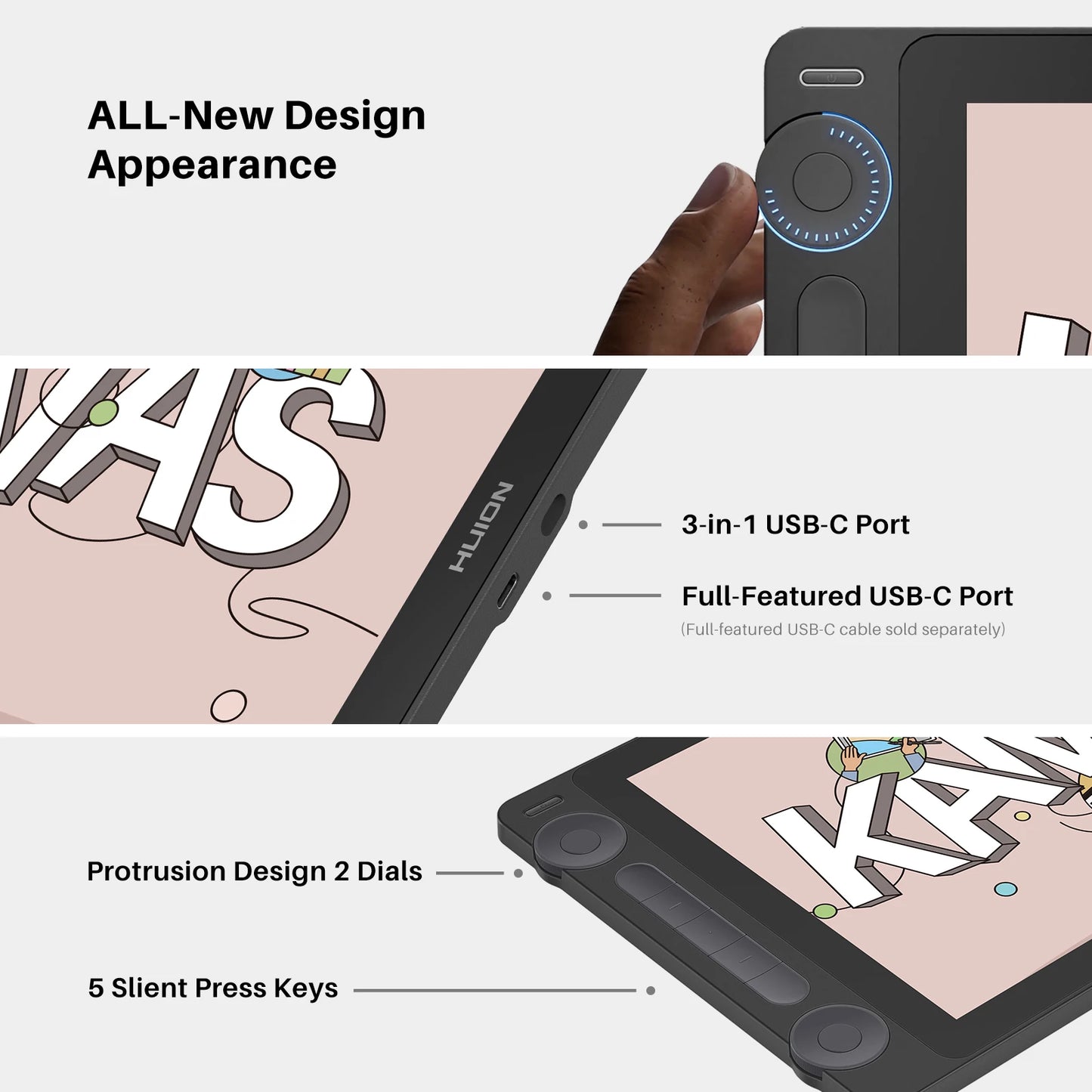 Huion Kamvas 13 Gen 3 Drawing Display 13.3" Art Tablet+Anti-sparkle Canvas Glass, 99% sRGB, PenTech 4.0 16384 Pen Pressure