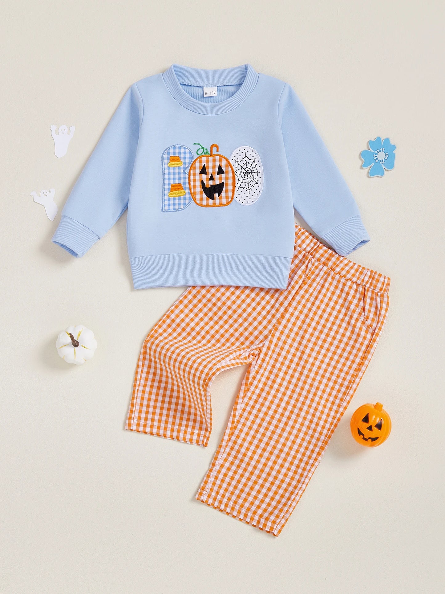 Adorable Toddler Boy Halloween Costume Set with Pumpkin Embroidery and Plaid Pants for a Spooky Fun Look