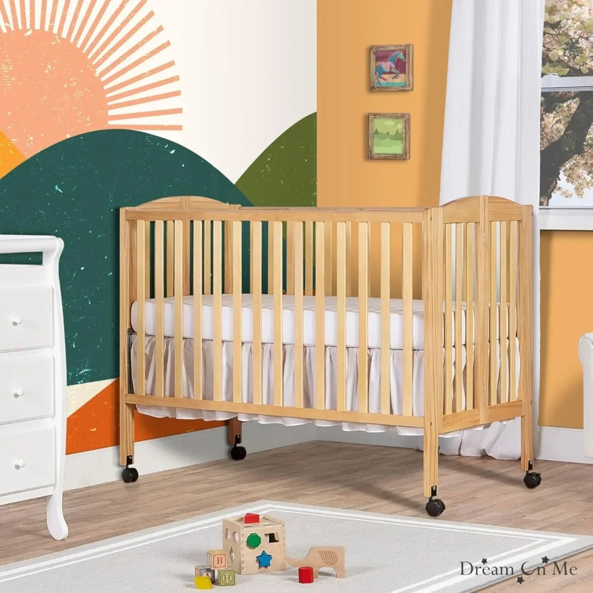 2-in-1 Folding Crib & Playard, Portable Baby Bed with Wheels for Travel, Compact for Home & Visits, Quick-Fold Design