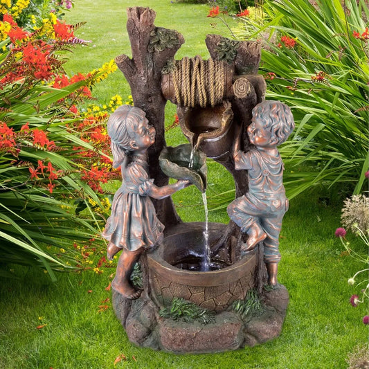Outdoor Water Feature: Boy and Girl Statue with Cascading Fountain and LED Lighting for Garden or Patio by Pure Gard