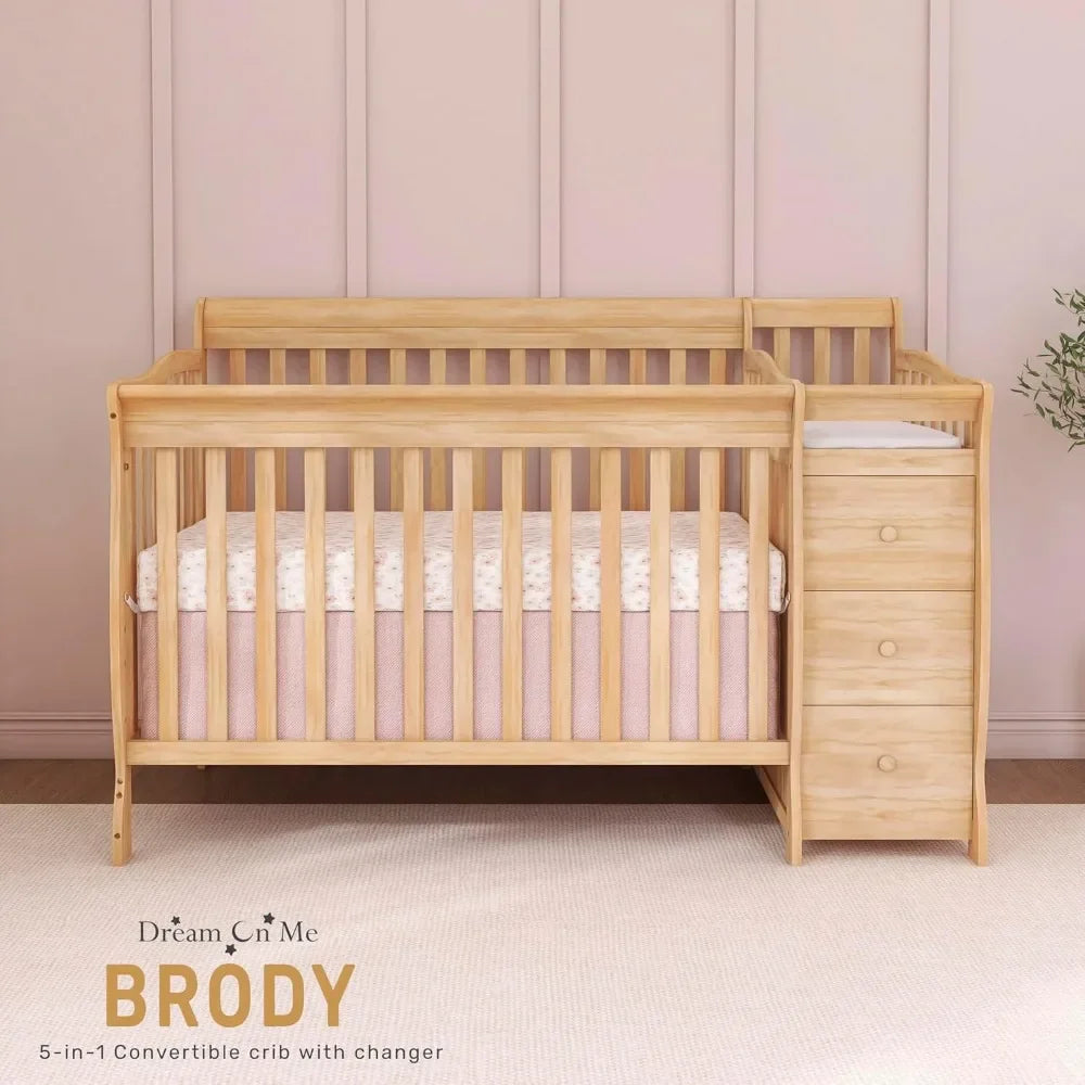 Multifunctional space-saving baby furniture for newborn to toddler with crib, changing table and 3-drawer dresser.