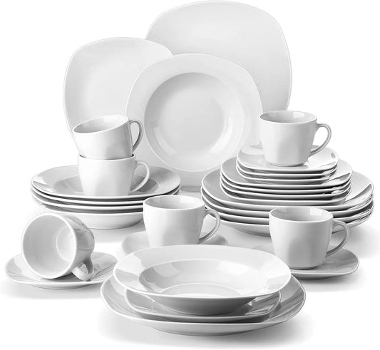 30 Piece Porcelain Dinnerware Set, Grey White Dish Set for 6, Square Ceramic Dishware Sets, Chip and Scratch Resistant Plates an