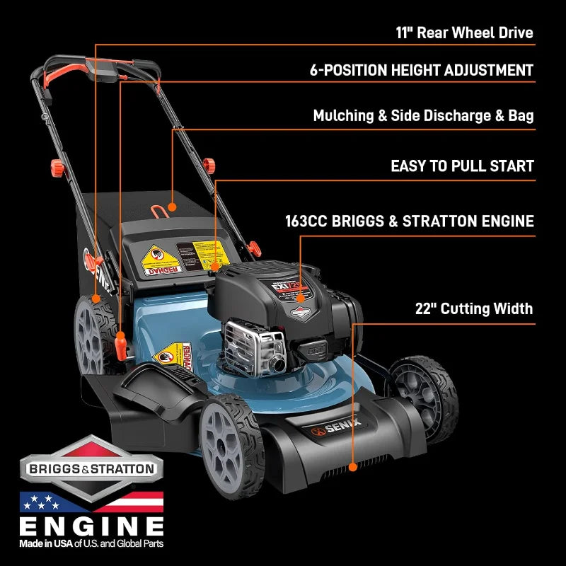 SENIX LSSG-H2 22-Inch Self Propelled Gas Lawn Mower with 163 cc 4-Cycle Engine, 3-in-1 Rear Wheel Drive Variable Speed Lawnmower