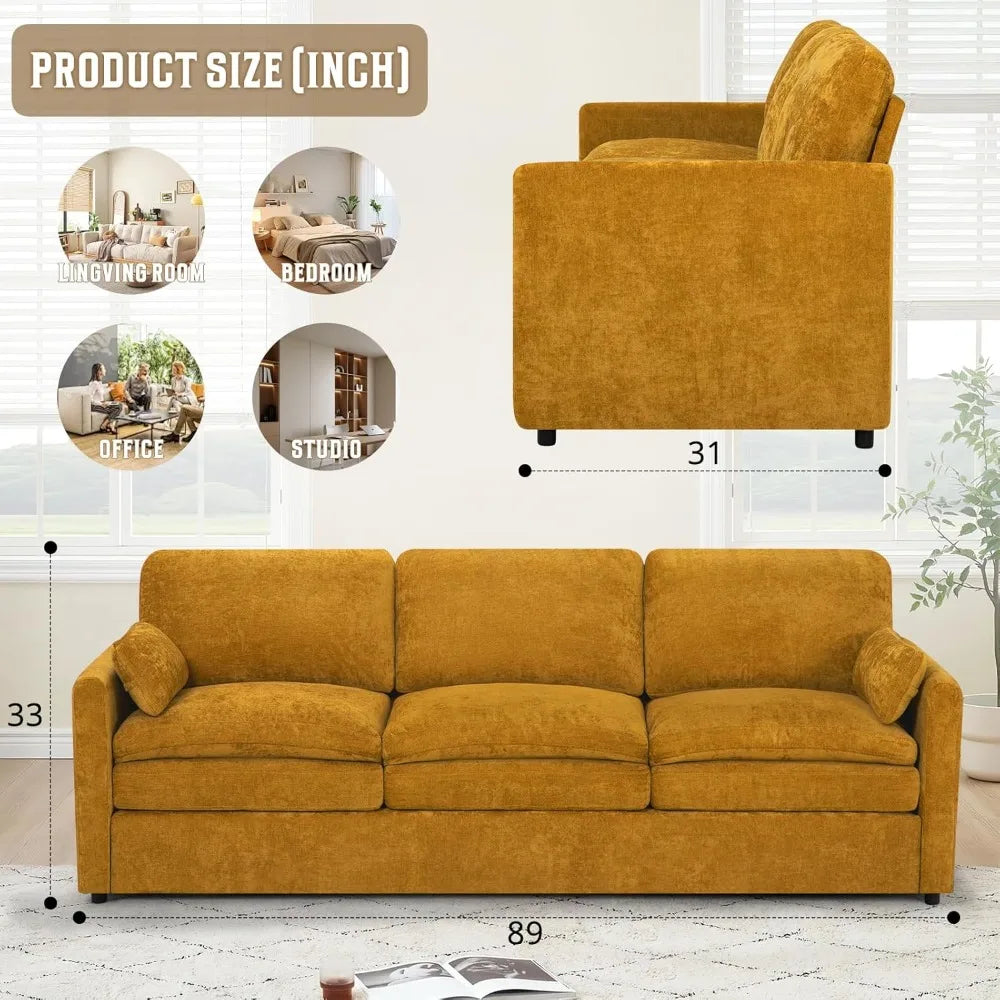 Chenille Soft Sofa w/Well-Filled Backrests, Modern Couch w/Plump Pillows, 3 Seater Upholstered Couch w/Thick & Comfy Cushions