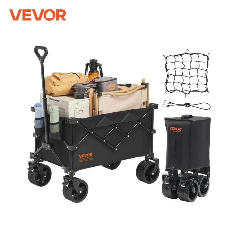 VEVOR Collapsible Folding Beach Wagon Cart with All Terrain Wheels and Drink Holders for Camping Shopping and Garden