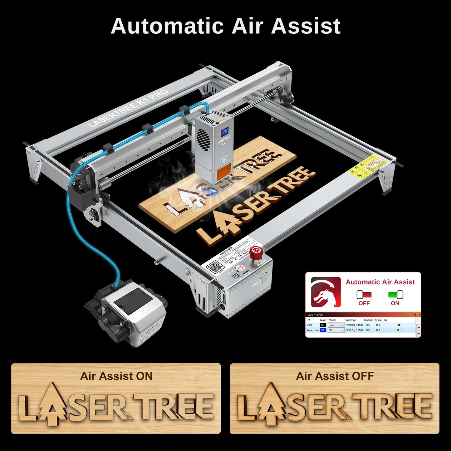 LASER TREE K1 PRO Laser Engraver with 30W 40W Laser Module Air Assist Wood Engraving Cutting Machine Woodworking Area 400X400mm
