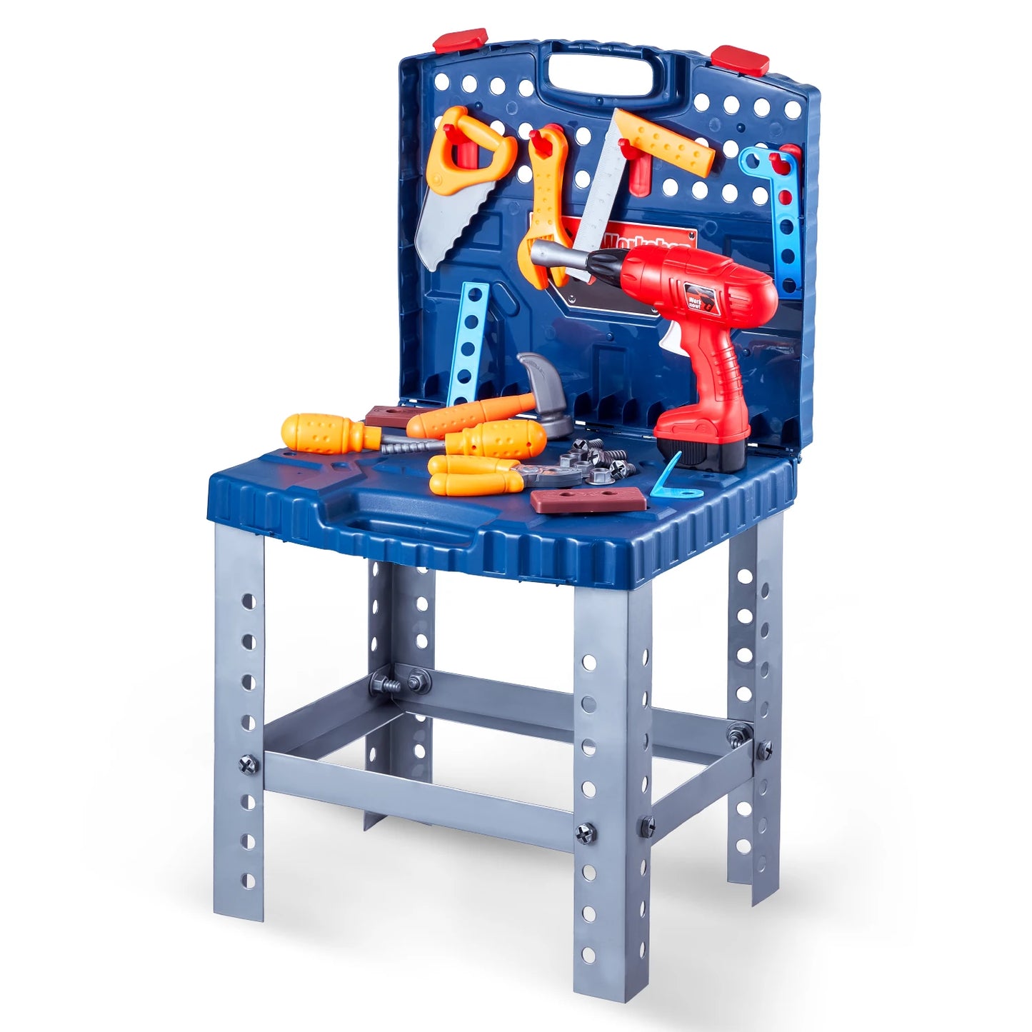 SucceBuy 56pcs Kids Work Bench Tool Set with Realistic Tools Pretend Play Construction Workbench Toys for Toddler Children Toys