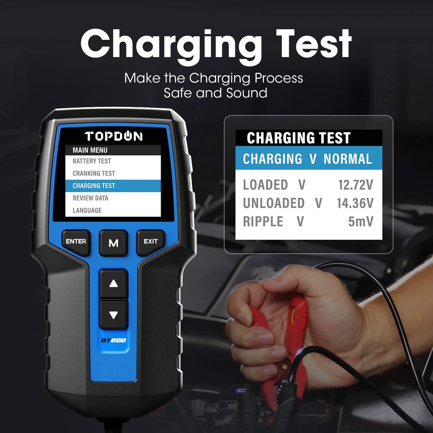 TOPDON BT200 Portable Battery Tester Charging Cranking Test Tools for Car 12V Automotive Diagnostic Battery Monitor 100-2000CCA