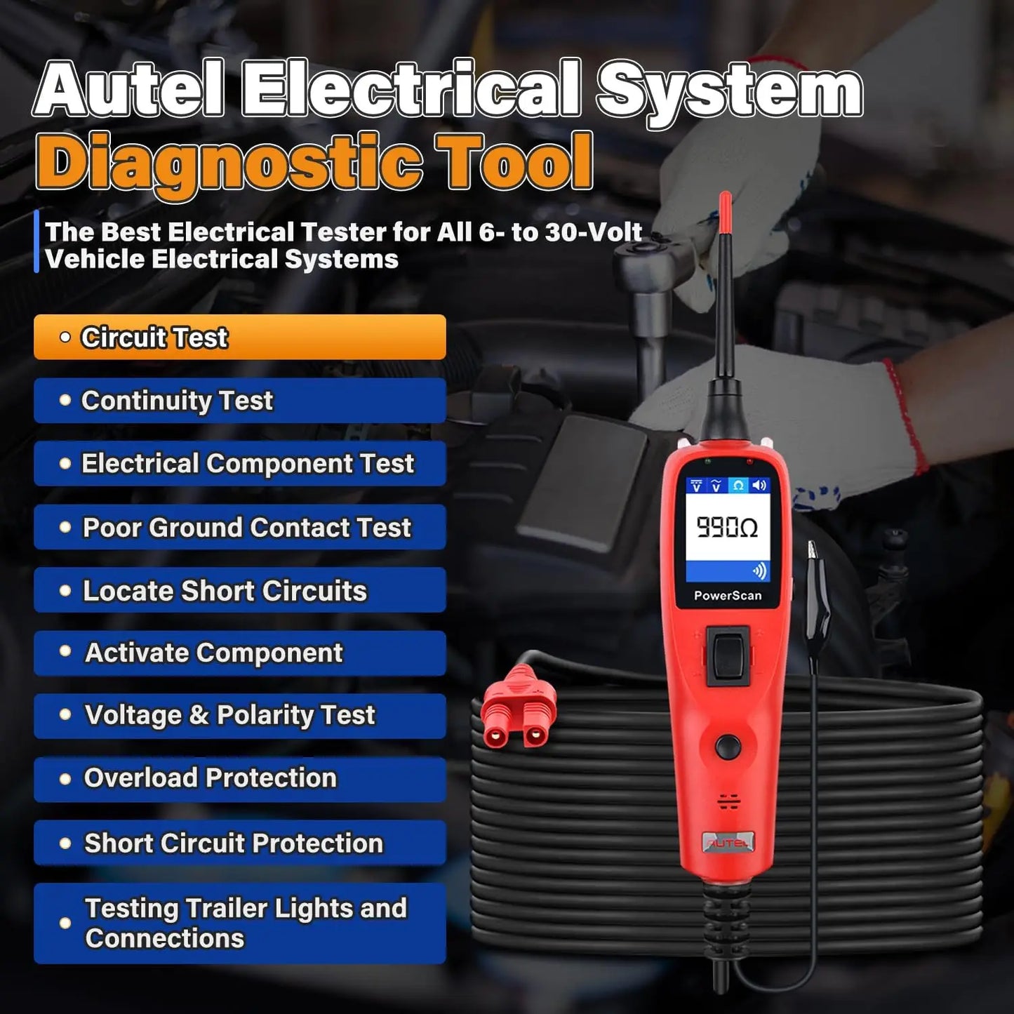 Autel PowerScan PS100 Automotive Circuit Tester 12-24V Power Circuit Probe Tool Electrical Short Open Circuit Finder Test Tool