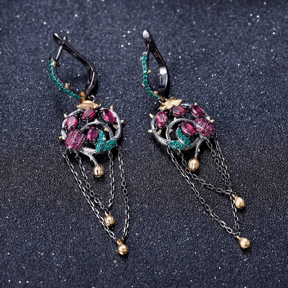GEM'S BALLET Natural Rhodolite Garnet Tassel Earrings 925 Sterling Silver Handmade Gold Bee on Branch Drop Earrings for Women