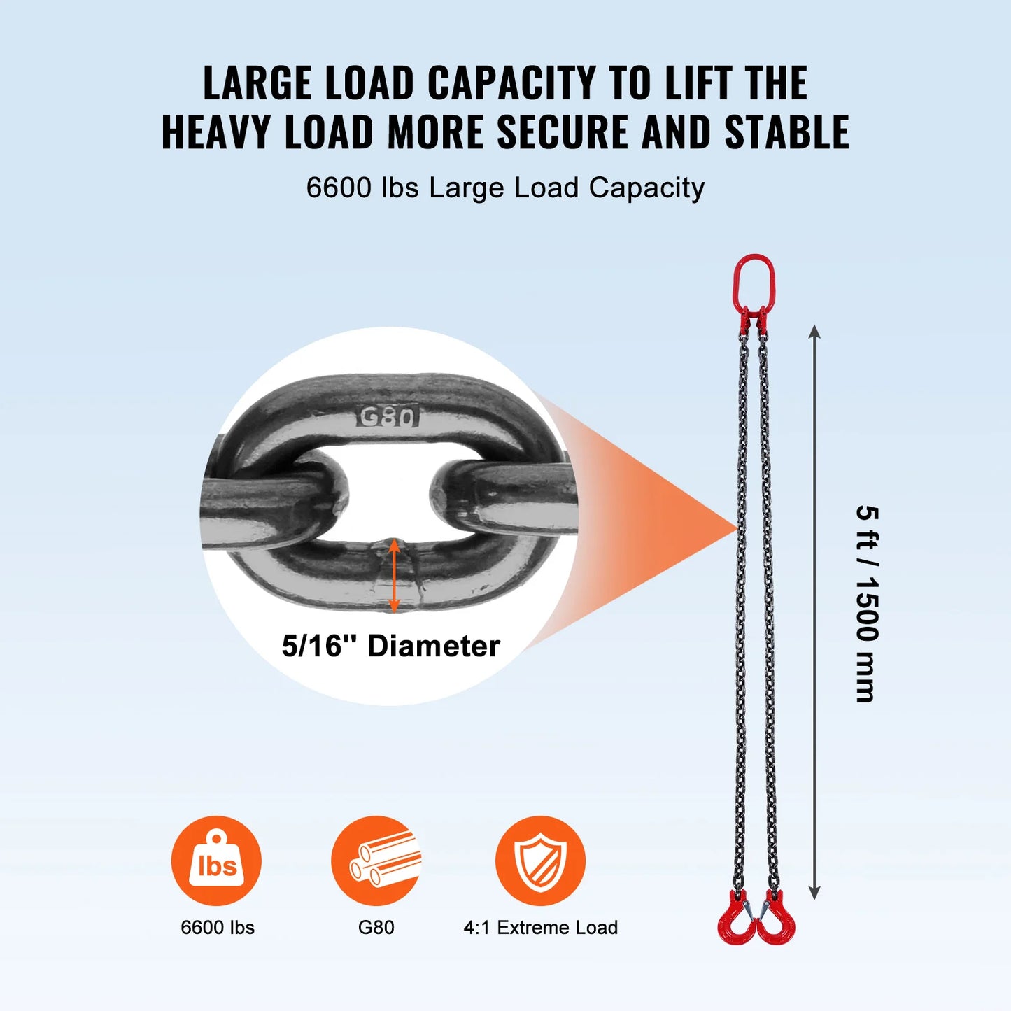 SucceBuy 3T 5ft Lifting Sling Chain 5/16 inch G80 Lifting Chains with 2 Leg Grab Hooks for Engine Hoist Engine Lift Chain