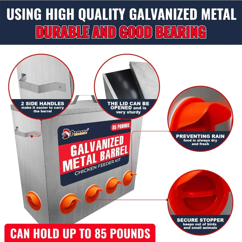 Large Capacity 85lbs Automatic Metal Poultry Feeder Set, Chicken Galvanized Trough, Chicken Feeder No Waste, Rainproof Poultry F