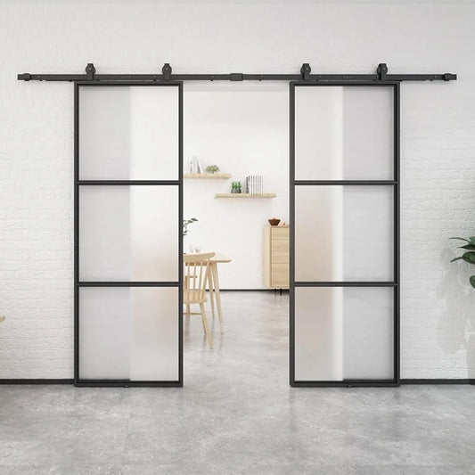 60 Inch X 84 Inch Double Glass Barn Door with 10 Foot Top Mounted Hardware Kit and Soft Close Mechanism Sliding Interior Door