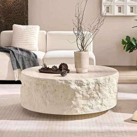 35.43'' Round Coffee Table, Fiberglass Vintage Center Table, Imitation Stone Table Front of The Sofa, Modern Coffee Table for Li