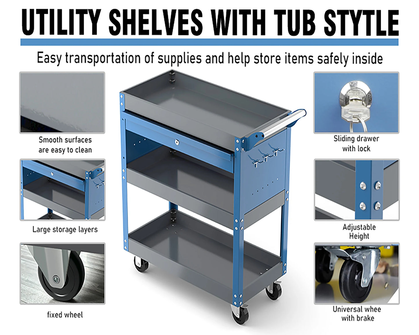 AIRAJ 3 Tier Rolling Tool Cart on Wheels,Metal Heavy Duty Mechanic Cart with Drawers and Pegboard,Industrial Utility Cart