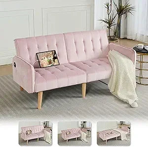 Modern Faux Leather Upholstered Convertible USB Folding Futon Sofa Bed, 65" Couch, Love Seats Furniture for Small Space Configu