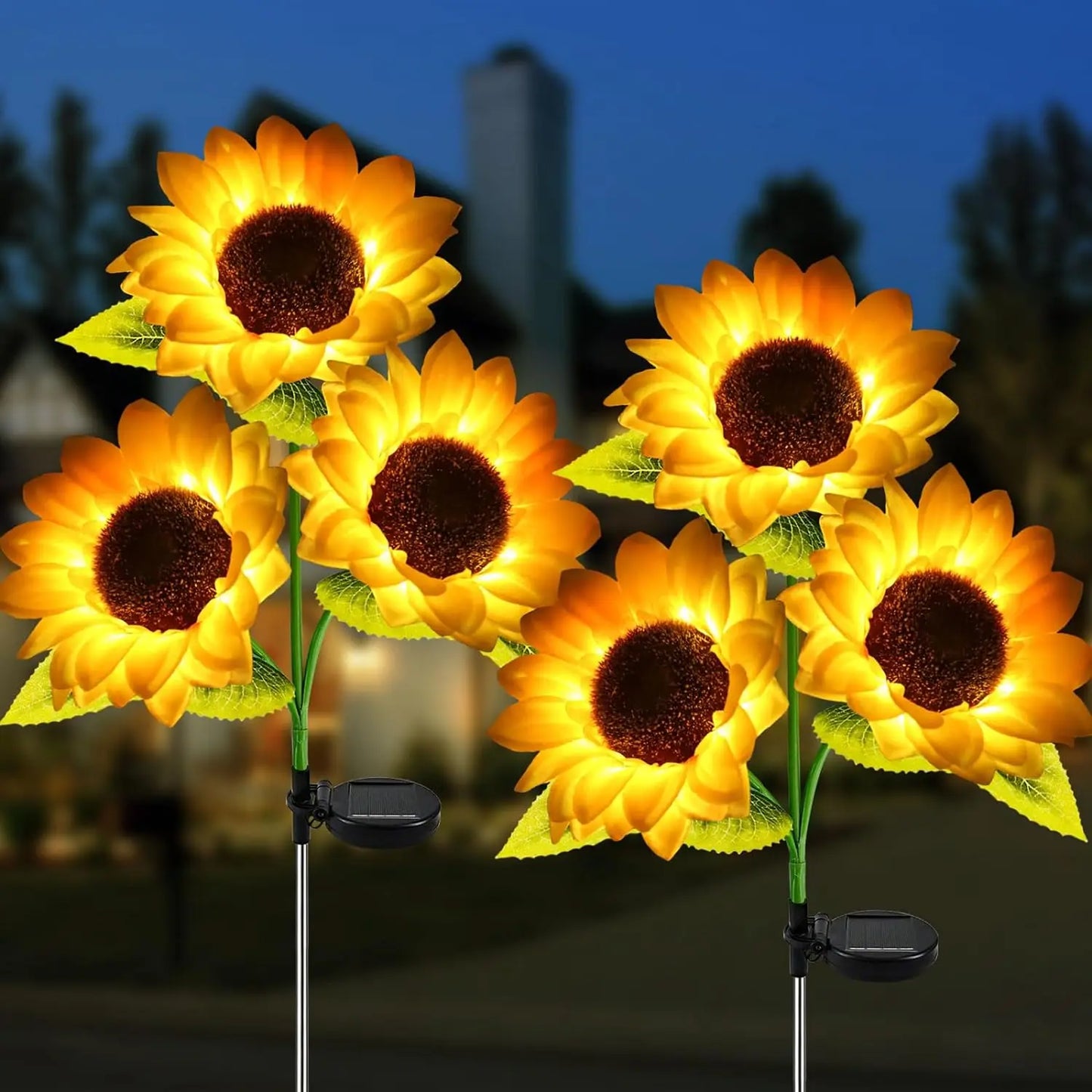2Pack 3-Head Garden Lights Solar Powered, Waterproof IP65 Solar Lights With Bigger Sunflower Realistic Solar Flowers Lights For