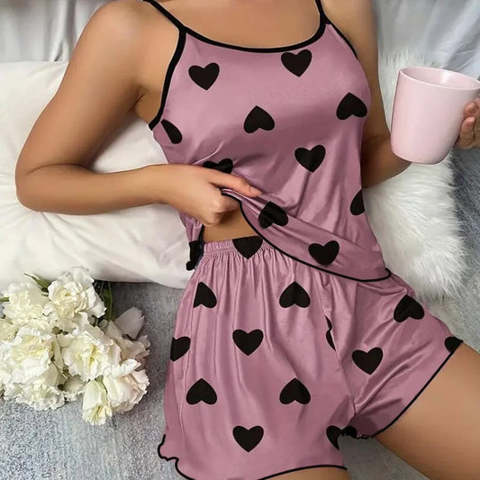 Women's Ice Silk Pajama Set – Pink Heart Print Short Sleeve T-Shirt & Shorts, Comfortable Summer Sleepwear