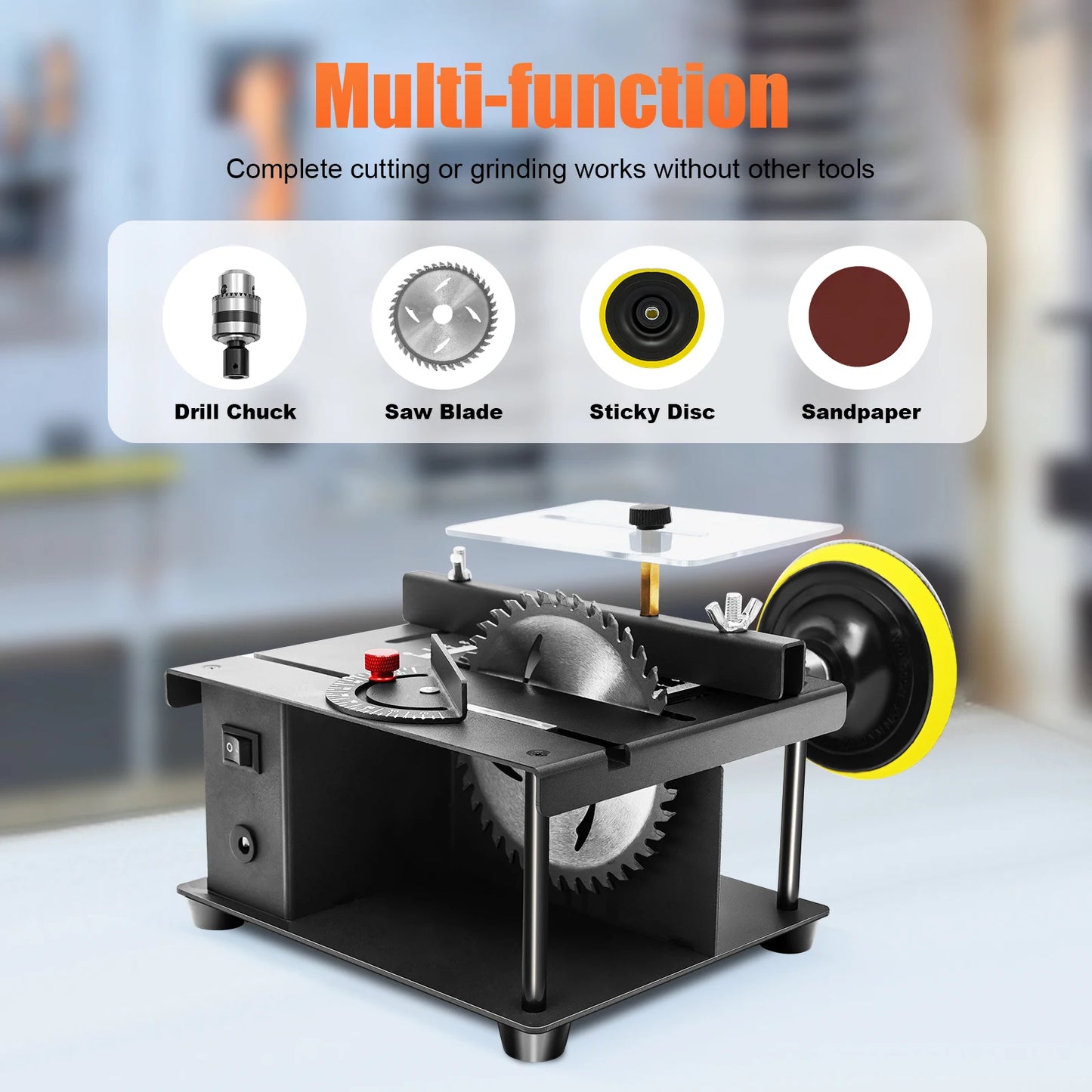 200W Mini Table Saw 0-90° Cutting for DIY & Craft Projects Multi-Functional Cutting Bench for Cutting, Drilling, Grinding