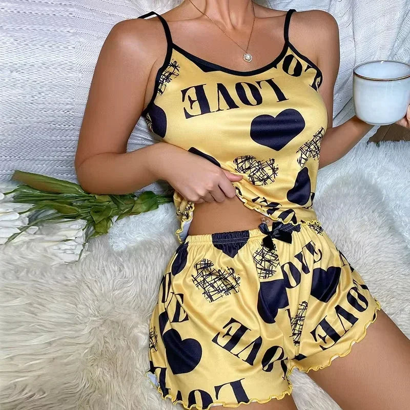 Sexy Love Heart Print Satin Pajama Set Womens Spaghetti Strap Cami Top Ruffle Shorts Two Piece Sleepwear Loungewear Set