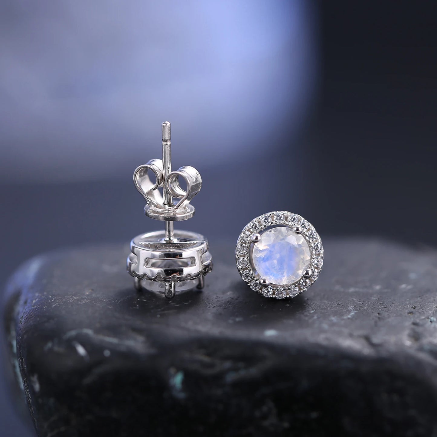 Gems Ballet Milky Blue Moonstone Stud Earrings 925 Silver