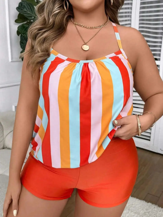 New Plus Size Split Swimsuit for Women, Flat Cornered Women, Striped Printed Swimsuit, Skirt Style Swimsuit for Women Casual Y2k