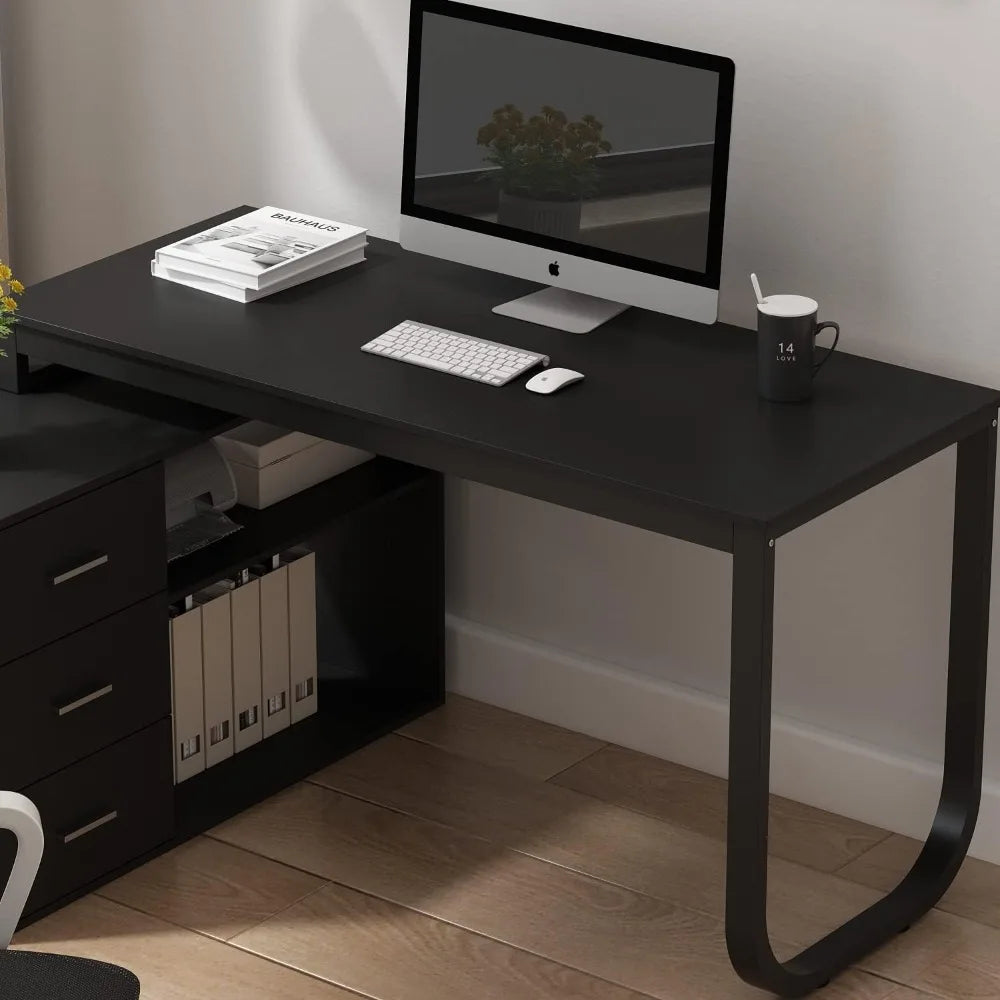 Home Office Computer Desk Corner Desk with 3 Drawers and 2 Shelves, 55 Inch Large L-Shaped Study Writing Table with Storage