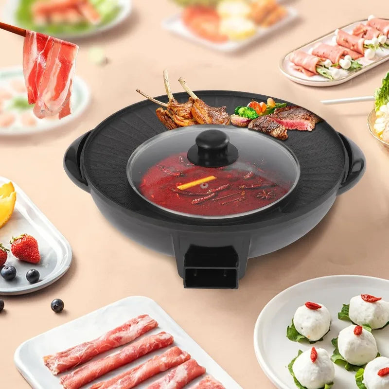 2 in 1 Electric Hot Pot and Grill, Shabu Pot with Divider,Portable Smokeless Grill, Circular Hotpot with Lid, for 3-5 People