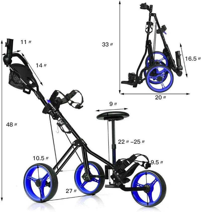 GRAFFY Golf Push Cart with Seat, 3 Wheel Golf Pull Cart with Height-Adjustable Handle, Lightweight Folding Golf Trolley