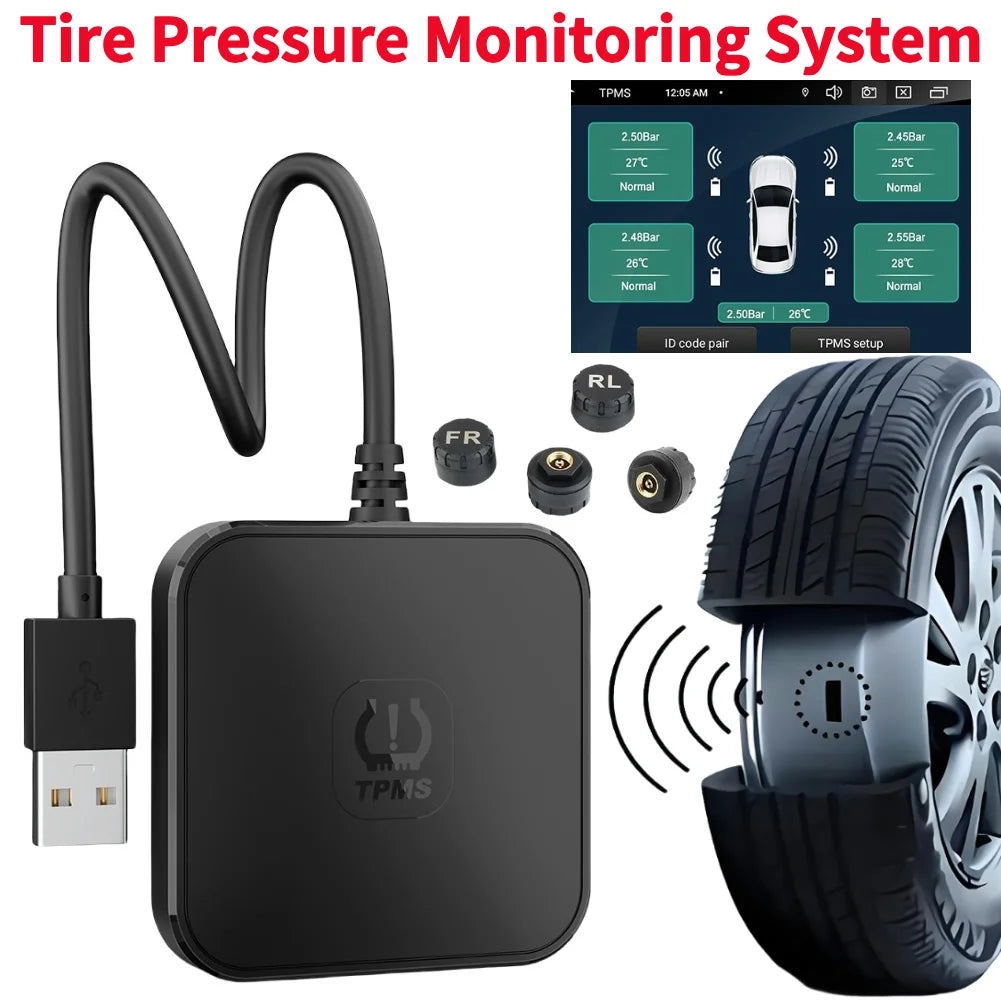 USB TPMS Tire Pressure Monitoring System with 4 External Sensors 0-116PSI Wireless Transmission TPMS for Android Car DVD