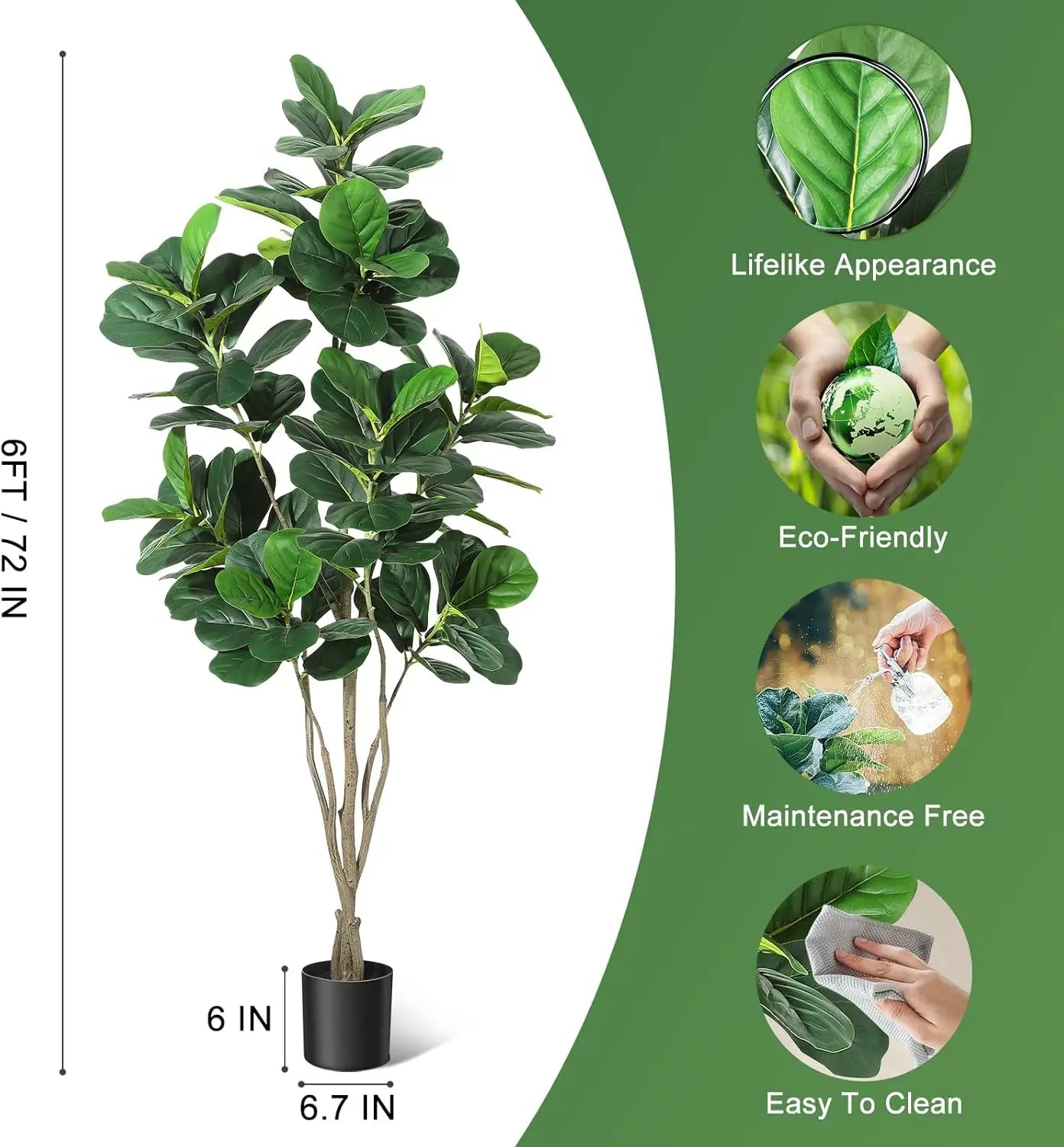 Artificial Tree,Faux Fiddle Leaf Fig Tree,6ft Tall Ficus Tree Artificial for Home Decor,Fake Lyrata Fig Plants Tree Home Decor