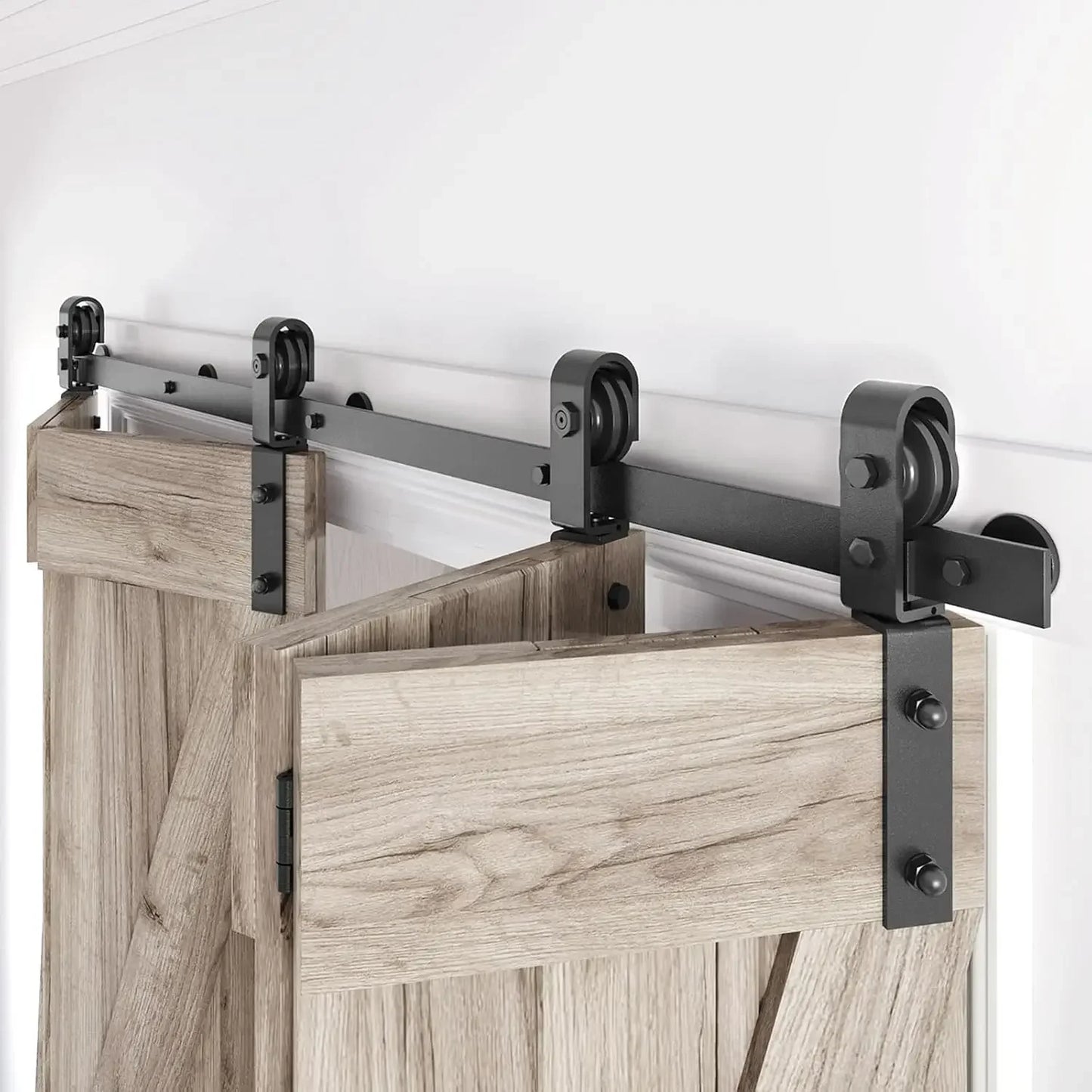 64 Inch Bifold Sliding Barn Door Hardware Track Kit Side Mounted Black Roller Smooth and Quiet Easy Assembly Fits Four 15 Inch Bi Folding Doors