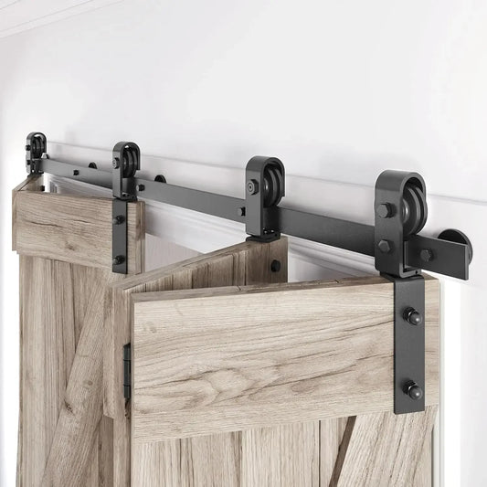 64 Inch Bifold Sliding Barn Door Hardware Track Kit Side Mounted Black Roller Smooth and Quiet Easy Assembly Fits Four 15 Inch Bi Folding Doors