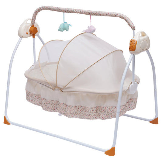 Electric Baby Crib Cradle Bluetooth&USB Foldable Auto-Swing Rocking Bassinet Sleep Bed Infant U-Shaped Pillow/Net/Toy Rack