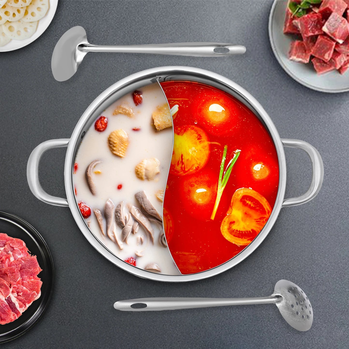 28/32/34cm 304 Stainless Steel Hot Pot with Divider Hot Pot Set Pot with Glass Lid Hot Pot with Spoon and Leaky Spoon