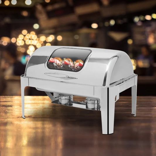 Roll Top Chafing Dish Buffet Set Stainless Steel Chafer with 2 Pot and 2 Alcohol Fuel Cans Rectangle Catering Warmer Server