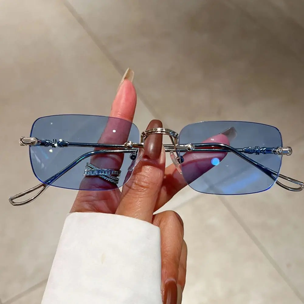 Rimless Sunglasses Men Women Wooden Pattern Luxury Brand Retro Square Sun Glasses Fashion Shades UV400 Travel Outdoor Eyewear