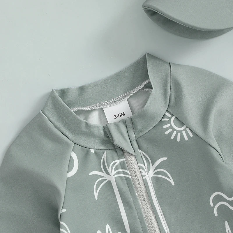 Child s Rash Guard Swimsuit Set with Tropical Palm Tree Print Long Sleeve Mock Neck Zip Bathing Suit and Matching Hat 2 Pieces