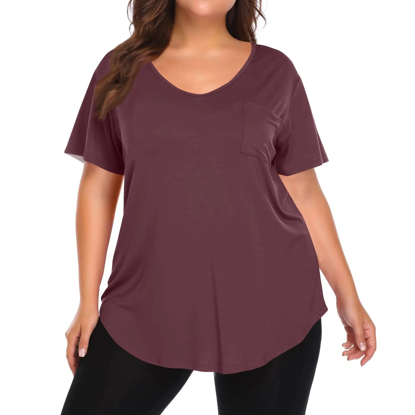 Plus Size Women's Tunic Tops Solid Color Large Size V-neck Loose T-Shirt With Pocket Summer Casual Basic Tee t shirts