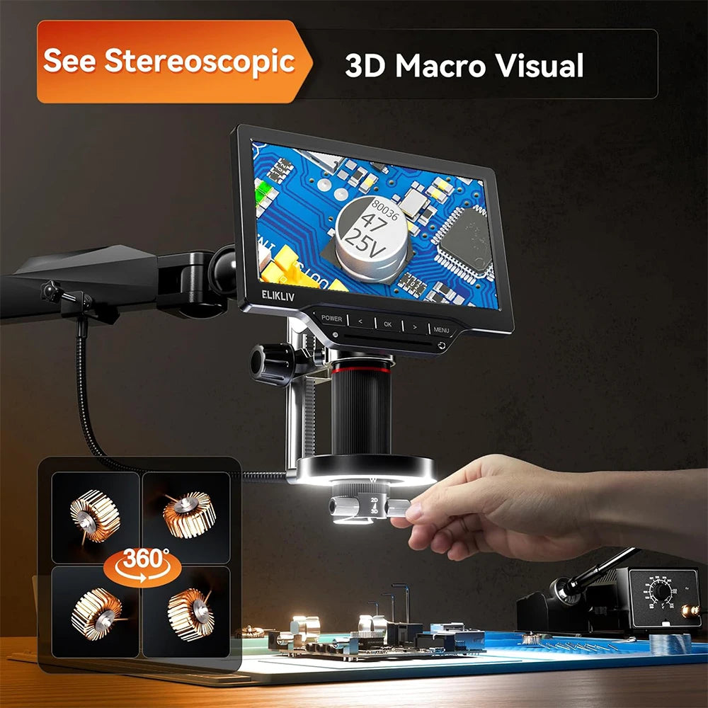 Elikliv 7 Inch 3D Digital Microscope with Magnetic Dual Lens 3K Soldering Microscopio for Electronics EM3K 3D Flex Arm Ring Light