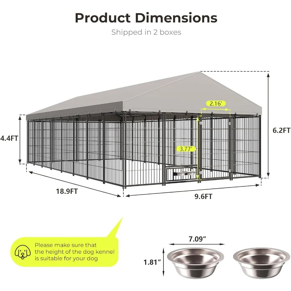 10X19FT Large Dog Kennel Outside with Feeding, Heavy Duty Outdoor Dog Run Cage with Cover & Lock, Outdoor Pet Enclosure Fence fo