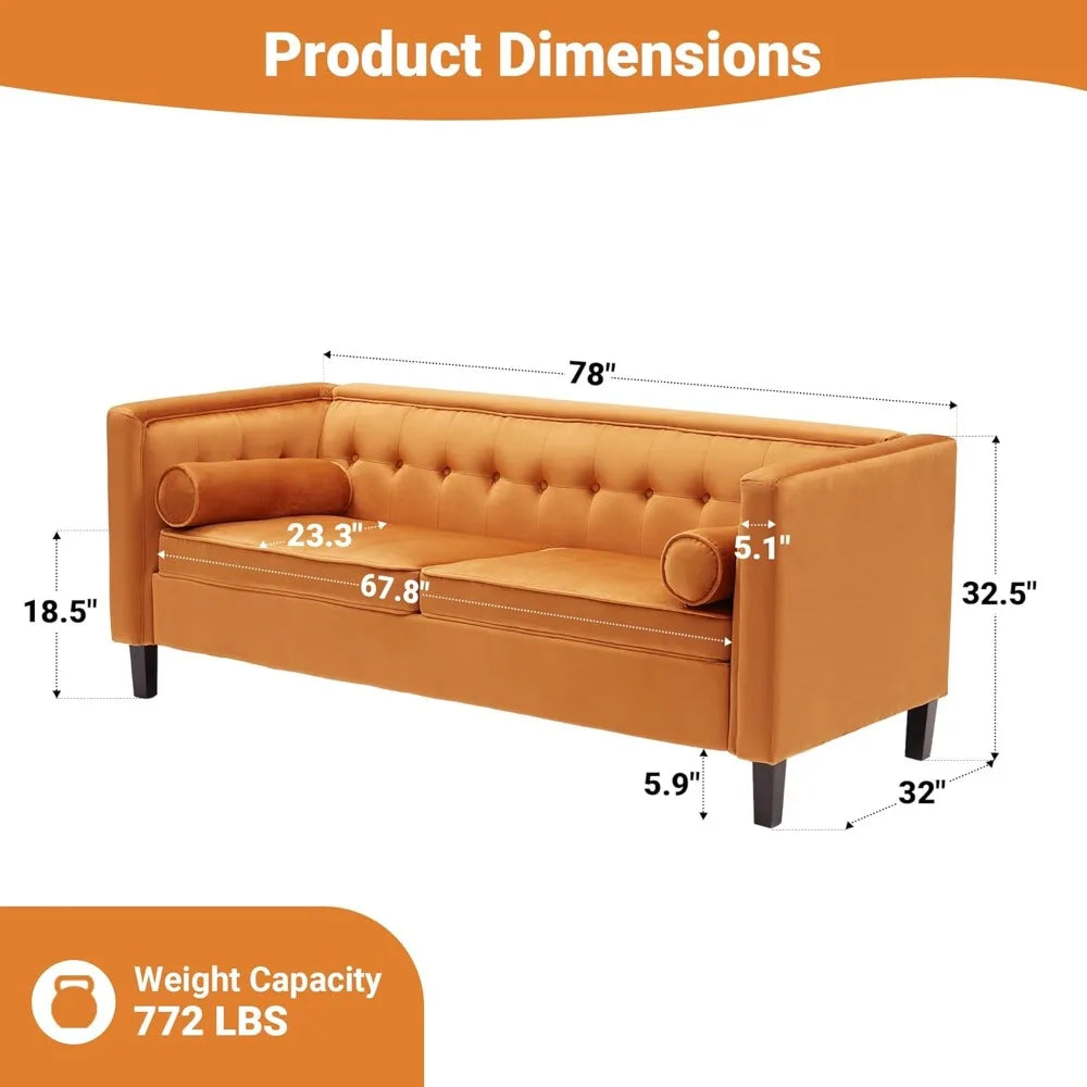 78'' W Velvet Sofa, Mid-Century Love Seats Sofa Furniture with Bolster Pillows, Button Tufted Couch for Living Room